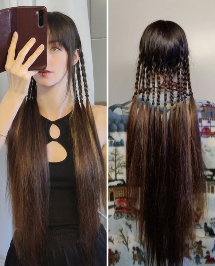 Coiffure amusante et facile pour les cheveux longs, composée de 12 tresses.