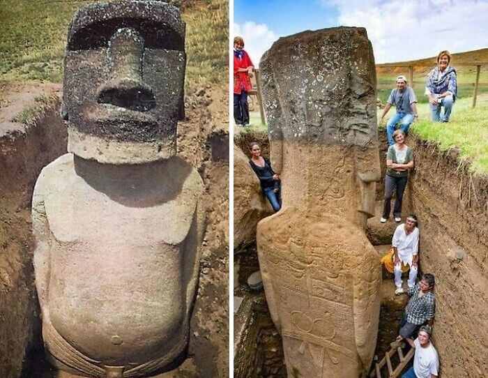 les corps enterrés des statues de basalte emblématiques de l’île de Pâques, les moai, construites par le peuple rapa nui entre 1250 et 1500 ce, avec des pétroglyphes gravés sur leur dos.