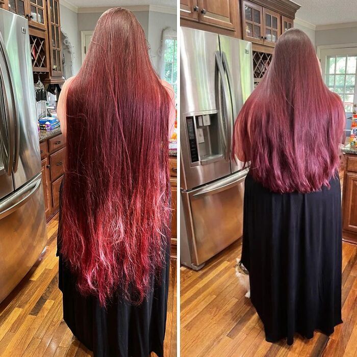 J’ai pris mon courage à deux mains et je me suis débarrassée des pointes les plus mortes aujourd’hui. La styliste n’avait jamais vu de cheveux aussi longs et a dû s’accroupir sur le sol pour la première coupe.