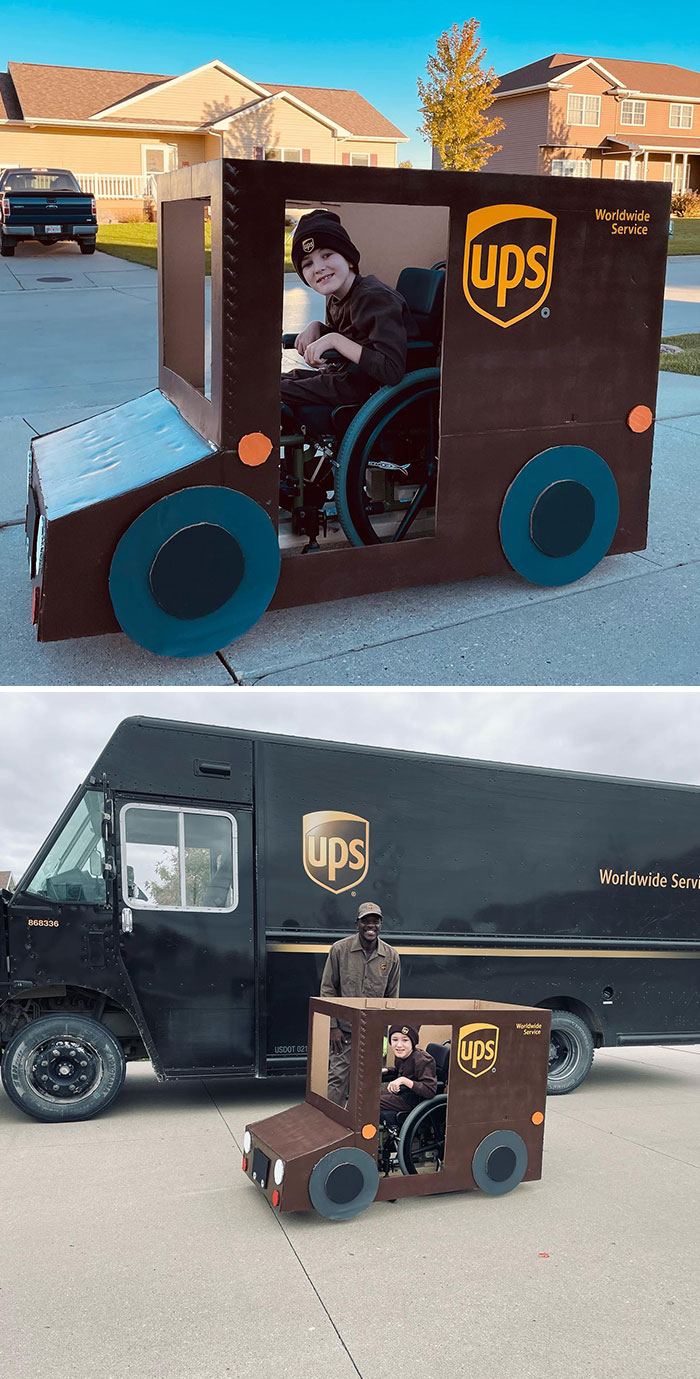 2021 halloween team reed-style wheelchair costume, when the ups man is awesome and you love when he comes to drop off your packages