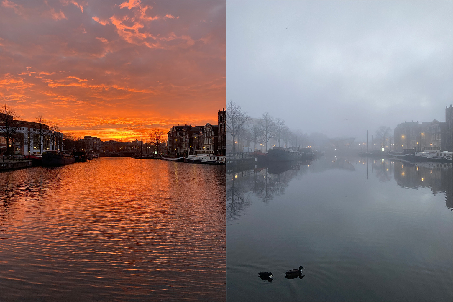 lever du soleil à amsterdam, même endroit, même heure, à 24h d’intervalle