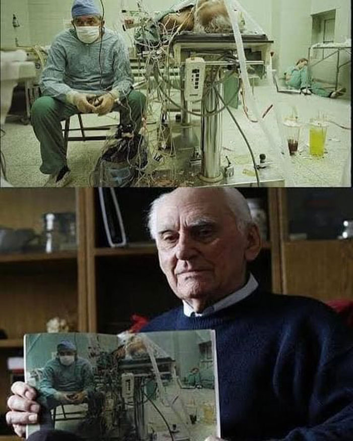 une photo du dr. religa surveillant les signes vitaux de son patient après avoir effectué une transplantation cardiaque qui a duré 23 heures. son assistant est endormi dans le coin. 1987