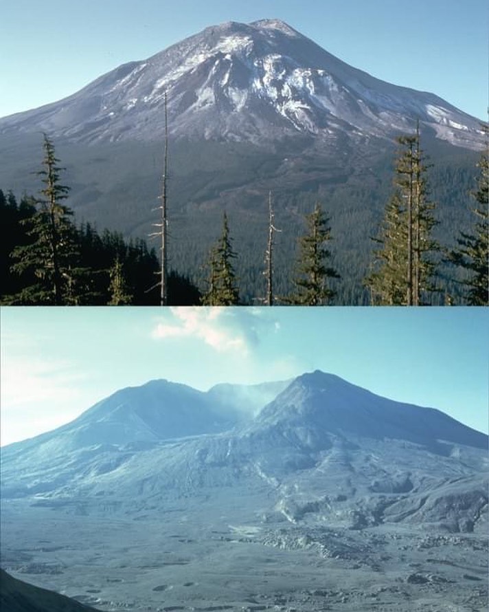 le mont st. helens photographié depuis le même endroit, un jour avant, et quatre mois après l’éruption