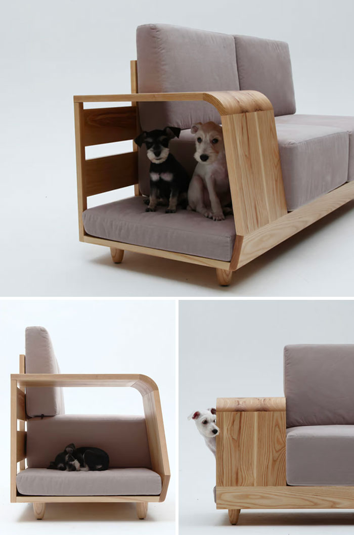 Ce canapé a une confortable « niche pour chien » sur le côté, qui fait partie de l’accoudoir/de la table d’appoint.