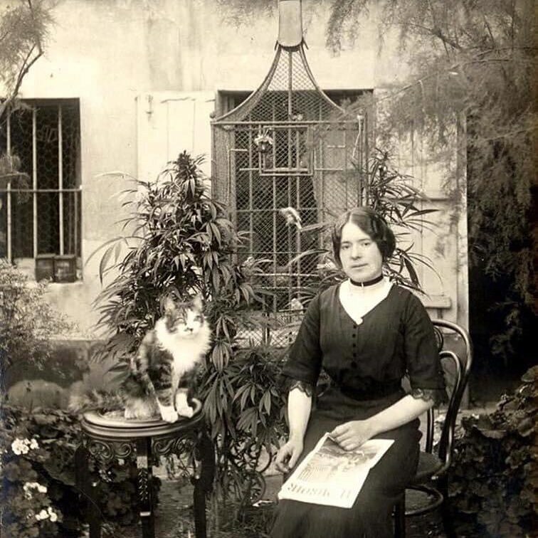 femme parisienne avec son chat dans son jardin de cannabis, 1910