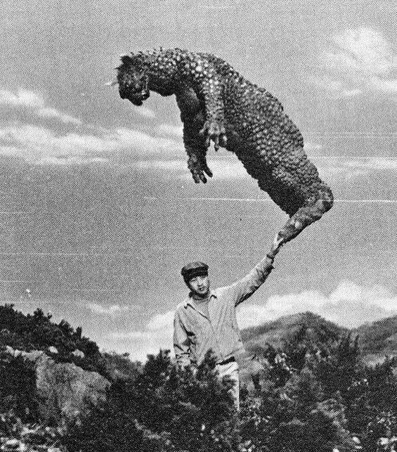 un homme tenant le monstre gabara sur le plateau de tournage d’un film de godzilla. cette photo a été prise entre 1968 et 1969.