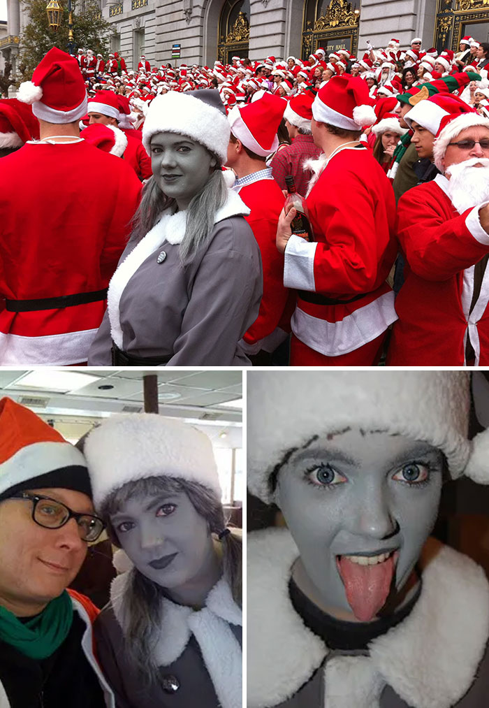 Le Père Noël désaturé est toujours le meilleur costume que j’ai fait (non photoshoppé). Les 2 autres photos sont après une longue journée, sur le ferry pour rentrer à la maison.