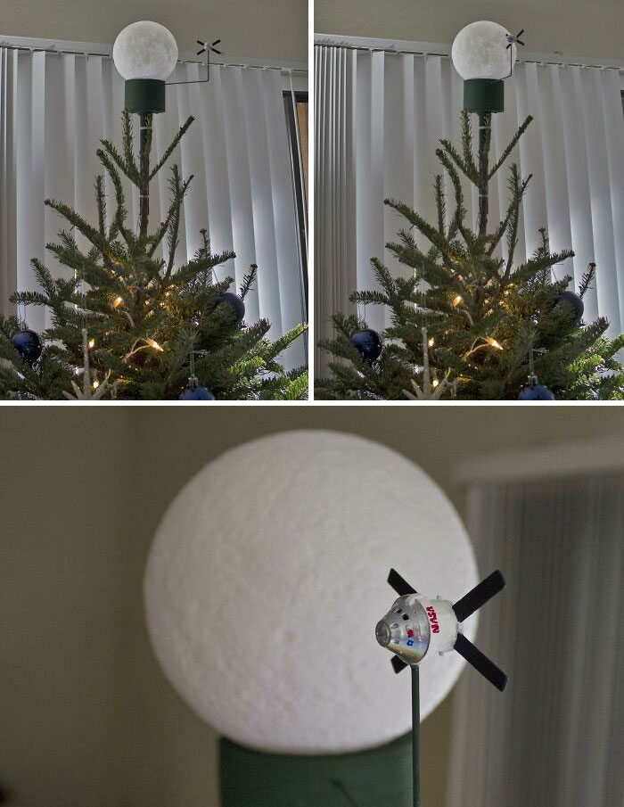 J’ai fait une décoration de sapin de Noël représentant le vaisseau spatial Orion en orbite autour de la lune.