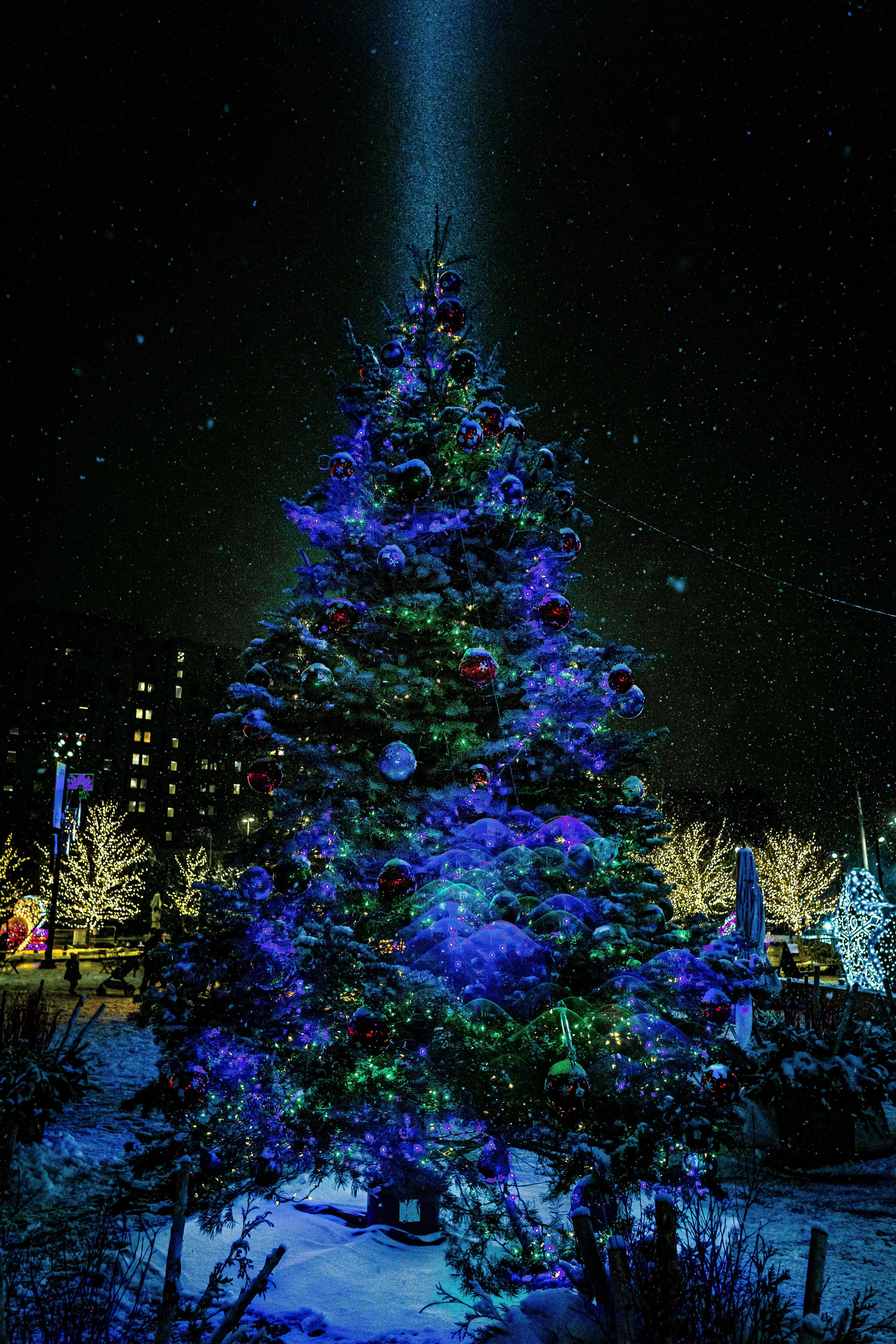 arbre de noël dans le centre-ville de detroit au beacon park par une nuit enneigée