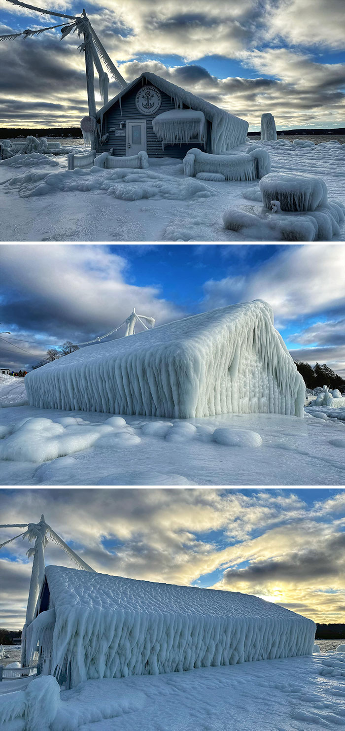 ce bâtiment recouvert d’un pied de glace dans le wisconsin