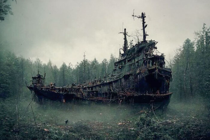 ce bateau abandonné au milieu d’une forêt