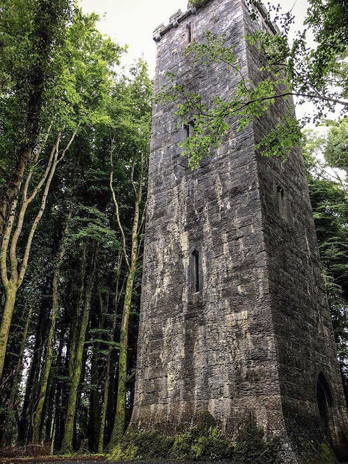 Cette tour que nous avons trouvée dans une forêt irlandaise semble sortir d’un conte de fées.