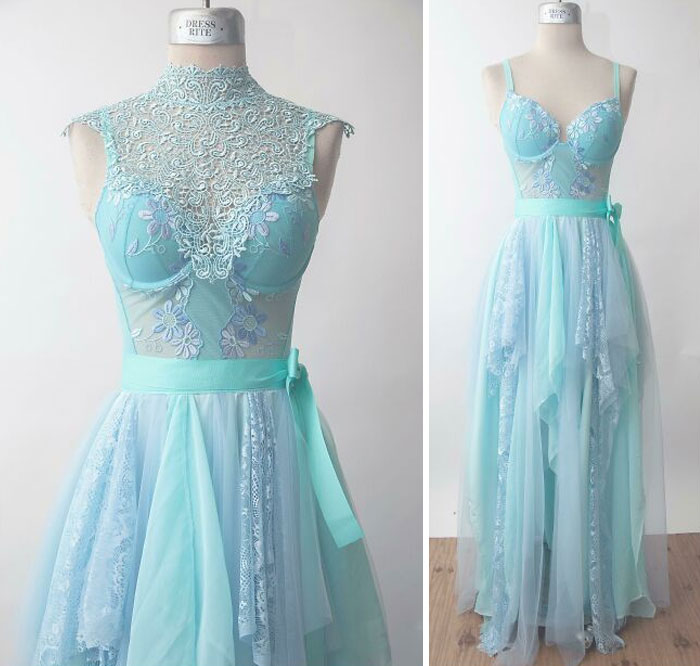 mon amie et moi avons fait cette robe de fée en dentelle aqua upcyclée