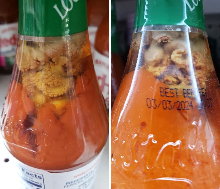 J’ai trouvé ce cauchemar qui pousse dans une bouteille de sauce piquante Crystal. La bouteille était scellée sur l’étagère avec une date d’expiration du 03/03/2024. Quelqu’un peut-il expliquer ce qui se passe ici ?