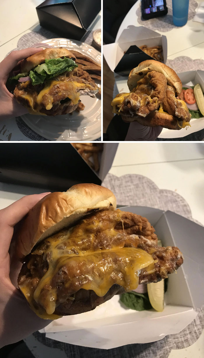 Ce mastodonte de sandwich au poulet frit que j’ai acheté dans un restaurant local. Je ne pensais pas qu’il serait aussi grand.