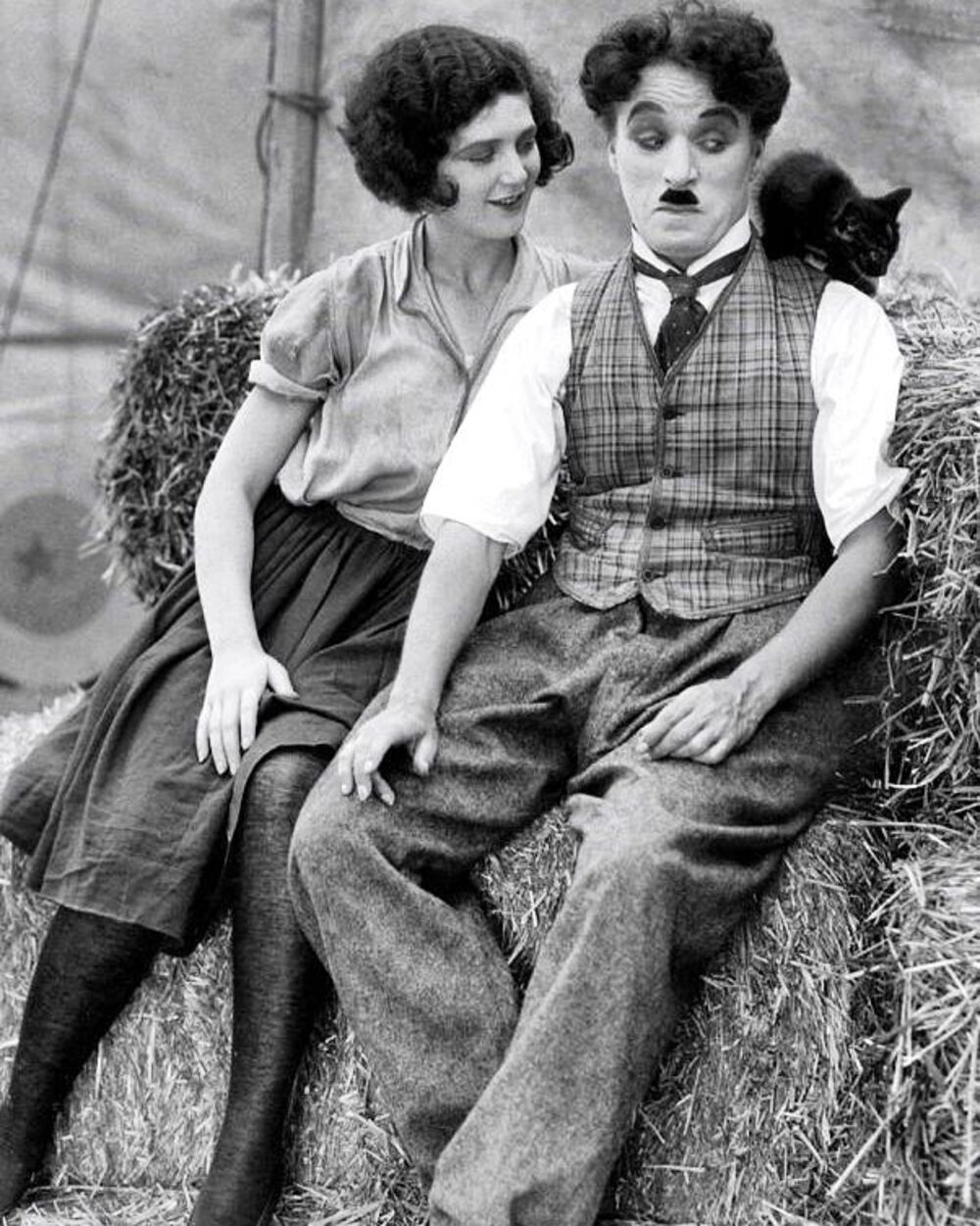 Trio de poids lourds : l’acteur britannique charlie chaplin, l’actrice américaine merna kennedy et le petit félin ont été photographiés pendant le tournage du film le cirque (1928).