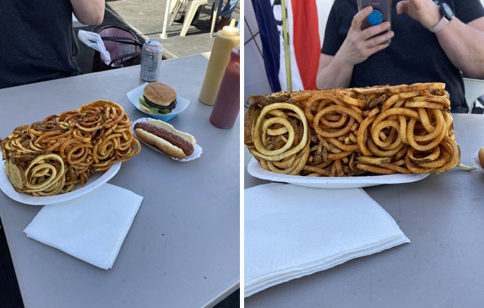 J’ai découvert pourquoi les frites frisées coûtaient 7 dollars. C’est le panier entier de la friteuse.