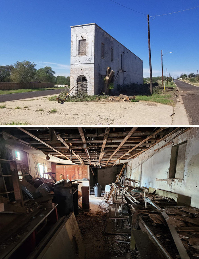 j’ai acheté ce bâtiment abandonné dans l’ouest du texas et je suis en train de le nettoyer, avant de le remodeler pour qu’il serve de centre à une association d’anciens combattants.