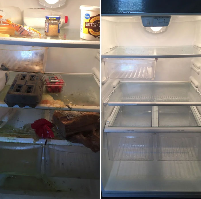 avant et après un réfrigérateur que j’ai nettoyé l’été dernier après que mon ami ait été privé d’électricité pendant près d’un mois par des températures de plus de 95 degrés.