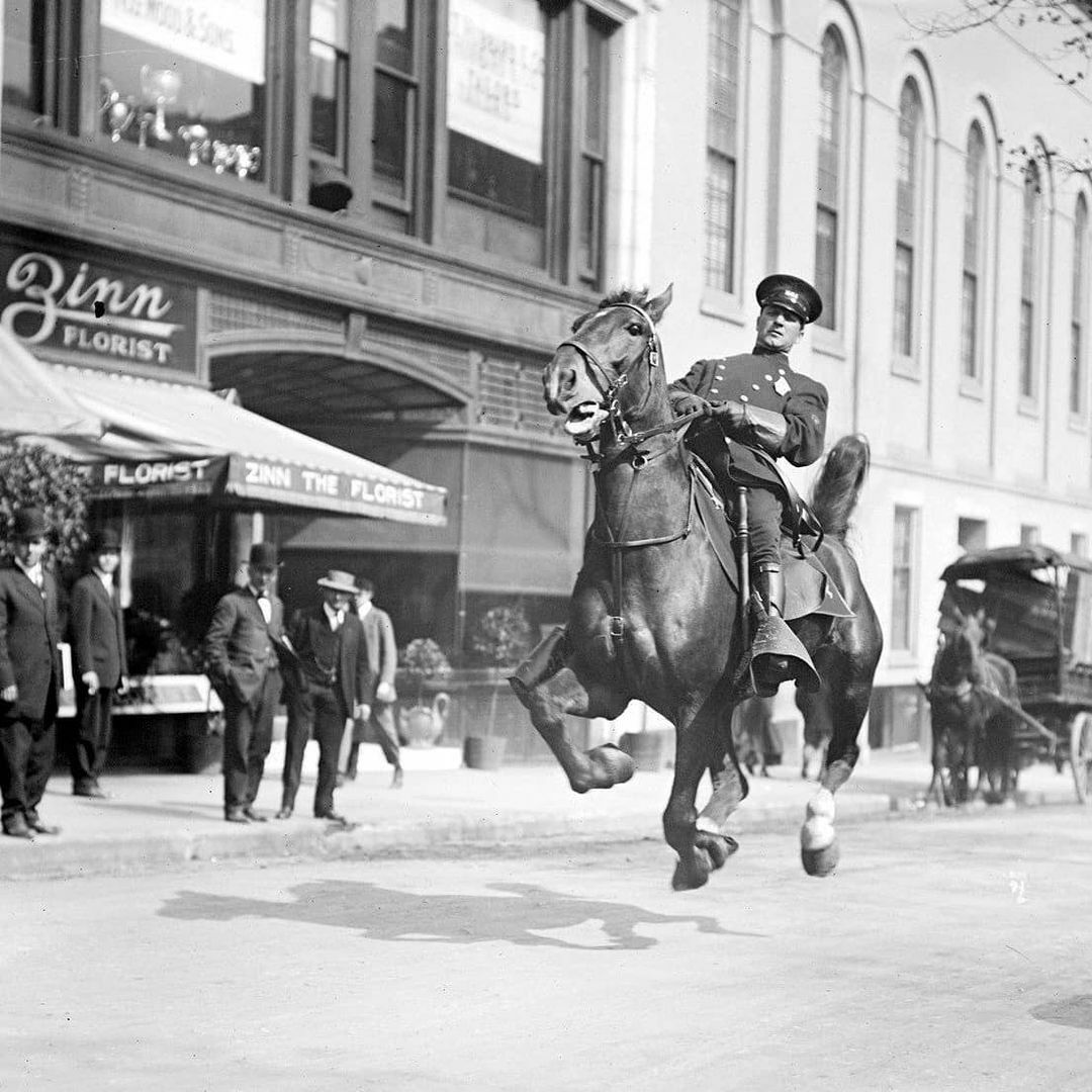 Mounted Police Officer Flies Down Tremont Street, Boston In The 1920s. Photo By Leslie Jones