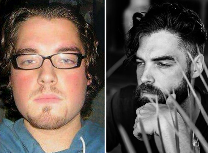 avant et après avoir perdu du poids, m’être laissé pousser la barbe et avoir commencé à faire du mannequinat à l’âge de 30 ans.