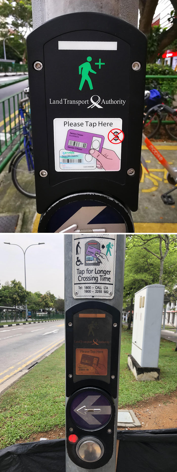 à singapour, les piétons âgés peuvent taper sur leur carte d’identité pour avoir plus de temps au passage piéton.
