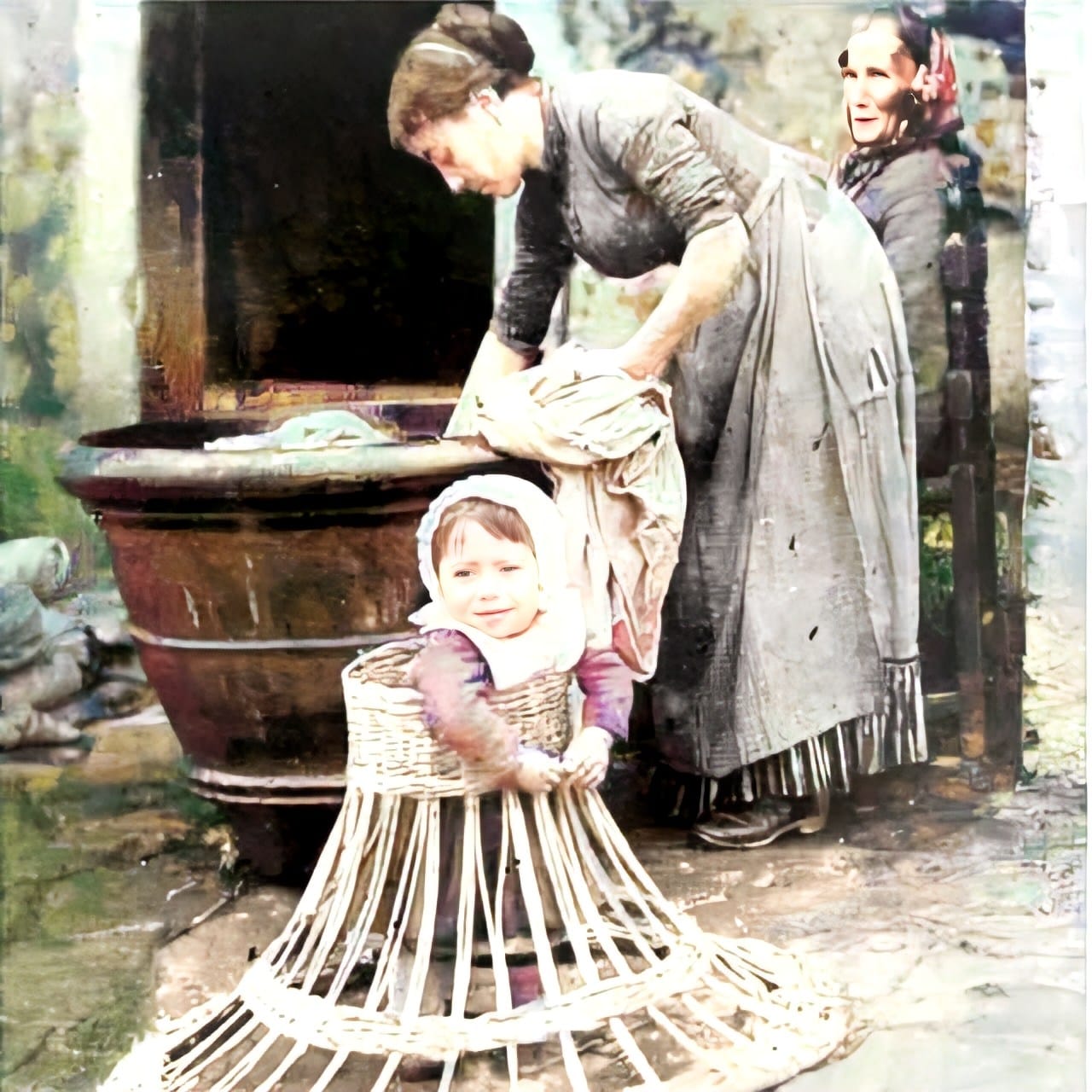 un bébé qui apprend à marcher dans un cadre en osier pendant que sa mère fait la lessive. 1910s
