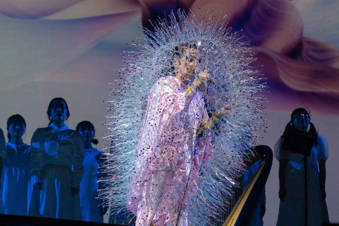 J’adore Björk, sa musique est géniale et je comprends que le côté excentrique de la mode soit son affaire. mais ne s’est-elle pas habillée comme Covid ?