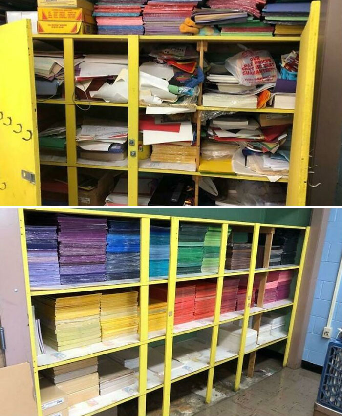 Je suis professeur d’arts plastiques et j’ai déménagé dans une nouvelle école. L’ancien professeur ne partageait pas mon amour de l’organisation. Voici l’avant et l’après de mon placard à papier.