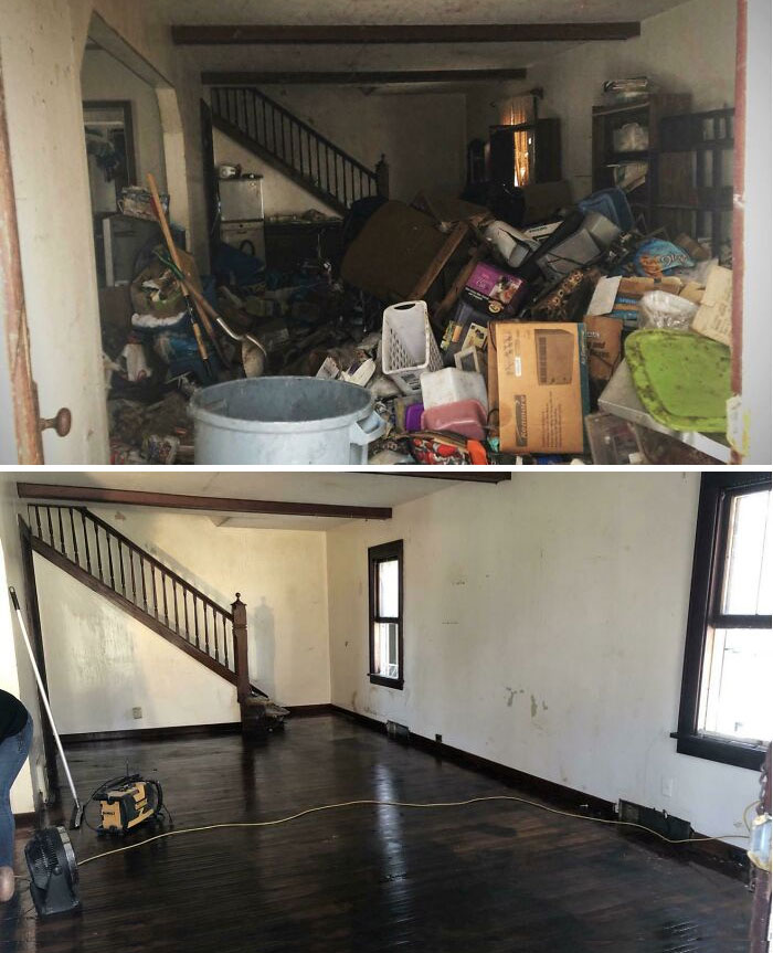 avant et après une maison d’accumulateurs que nous avons nettoyée. prête à rénover