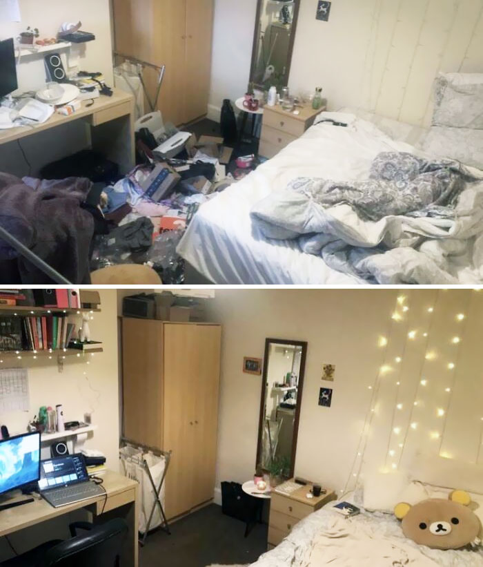 Avant et après le nettoyage en profondeur de ma chambre après ma dépression.