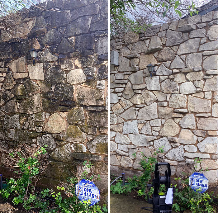 Photos avant et après le lavage sous pression du mur en pierre devant ma maison.