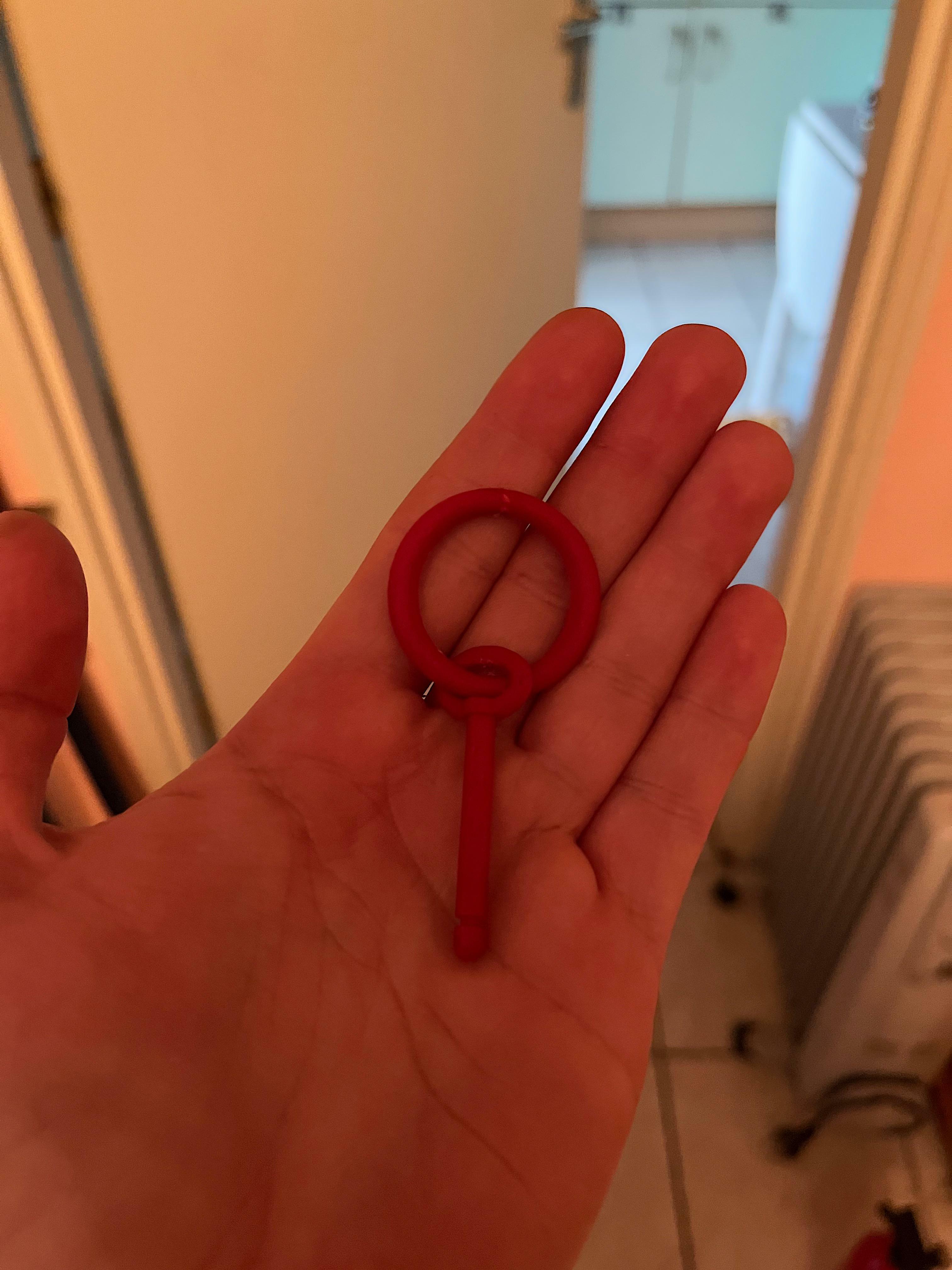 Clé rouge en plastique bizarre que j'ai trouvée dans mon appartement après le départ des pompiers à la suite d'un incendie.