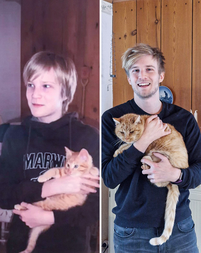 Mon chat Ralf et moi au même endroit, 20 ans plus tard. Elle était un peu grincheuse pendant la séance photo.