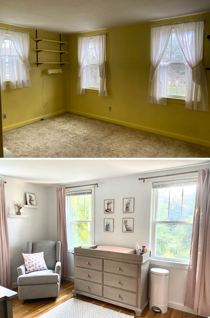 avant et après la chambre de nos petites filles ! le jaune ne nous manque pas !