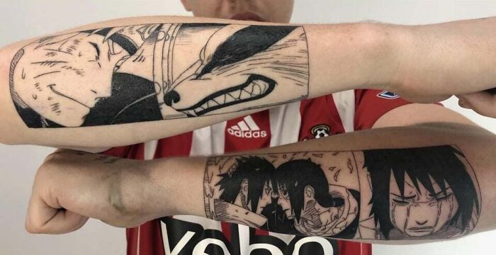 tatouages naruto, kurama, sasuke et itachi sur l’avant-bras