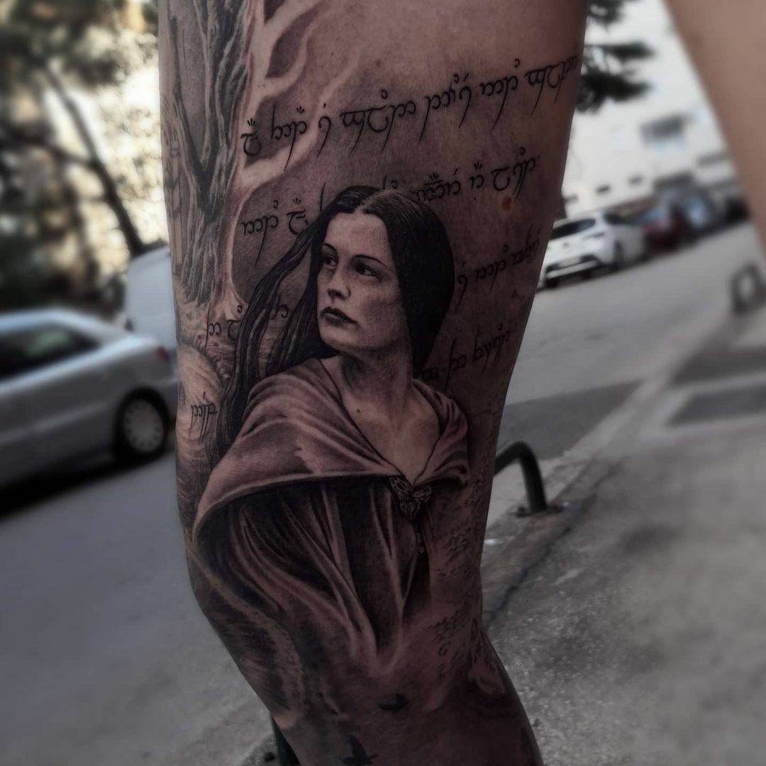 tatouage de la manche de la jambe de lotr fait avec arwen