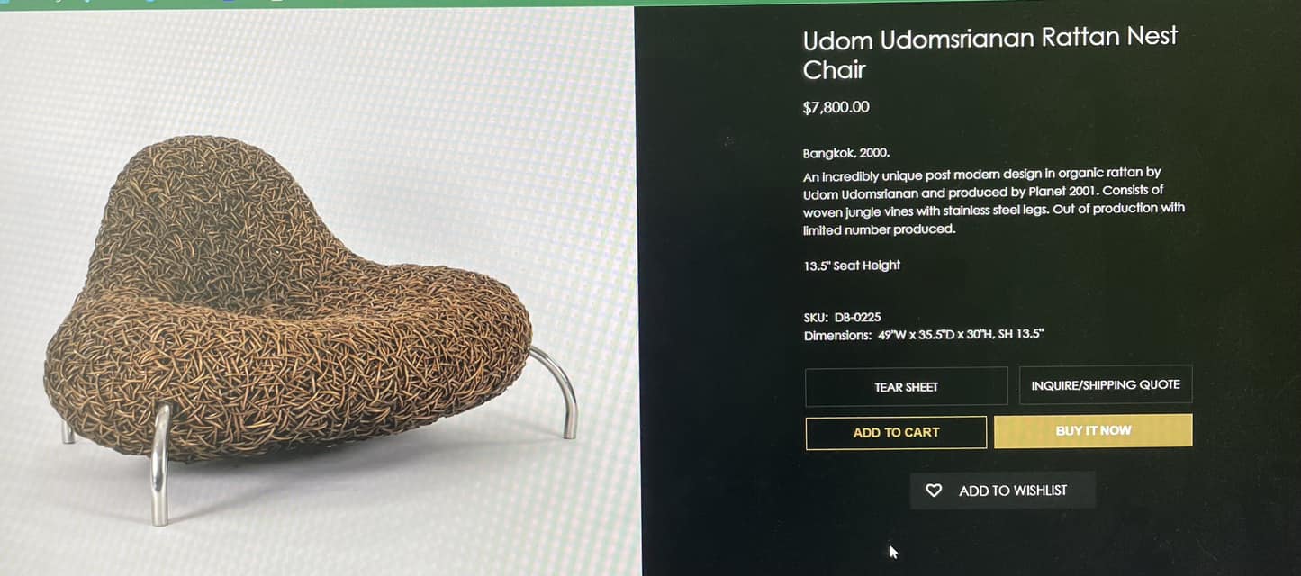 Cette chaise est en vente dans un magasin situé en face de mon bureau. Je l’ai regardée par la fenêtre en pensant qu’elle ressemblait à un énorme nid, puis j’ai consulté leur site Web. Pour ce prix, tu sais qu’ils n’ont pas d’enfants ni d’animaux et qu’ils ont quelqu’un d’autre pour la nettoyer.