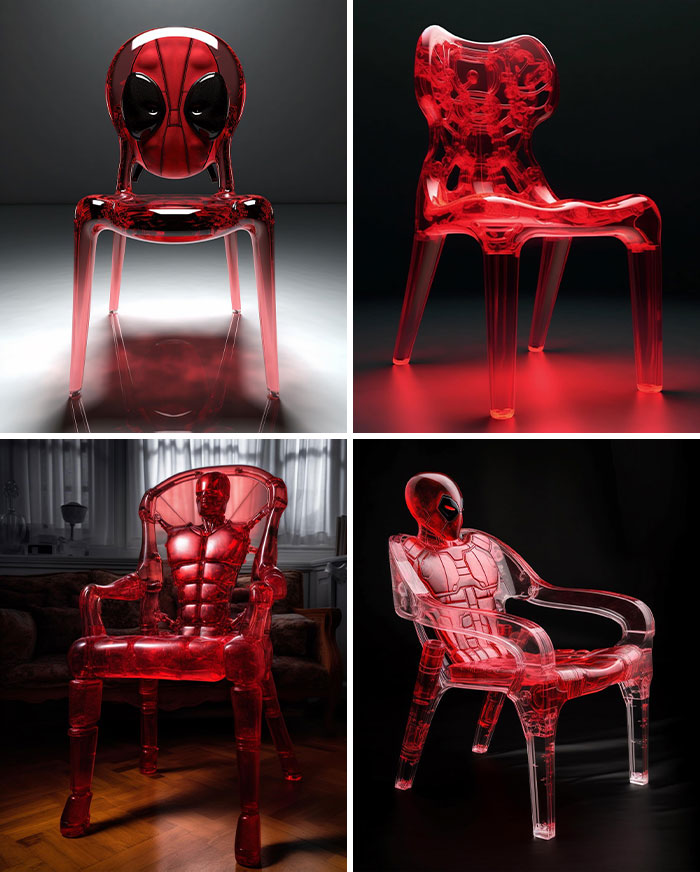 J’essayais de faire des images de Deadpool assis sur une chaise en acrylique. Disons que j’avais du mal à faire comprendre à Midjourney la tâche à accomplir.