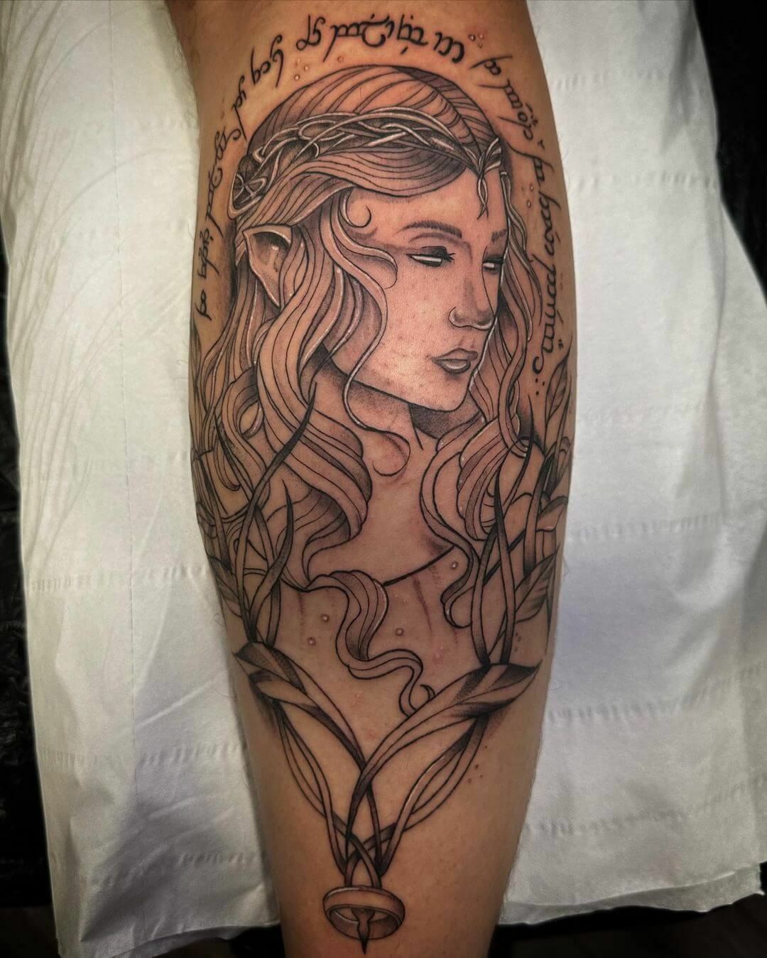 galadriel de lotr tatouage du mollet