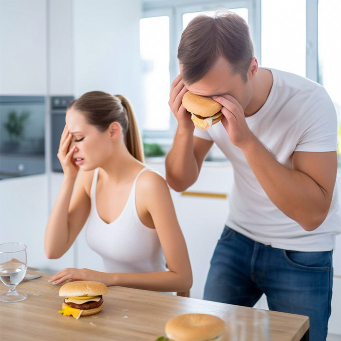Un homme explique à une femme comment manger un hamburger.