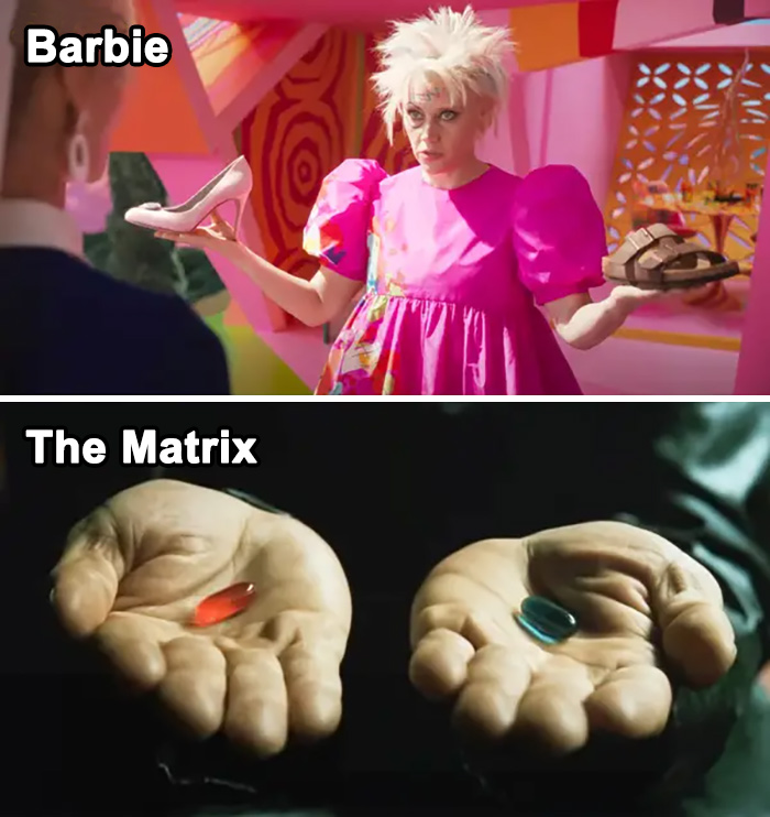 Lorsque Weird Barbie offre à Barbie la possibilité d’apprendre à connaître le monde réel, la scène ressemble à celle où Neo se voit offrir le choix entre la pilule rouge et la pilule bleue dans Matrix (1999).