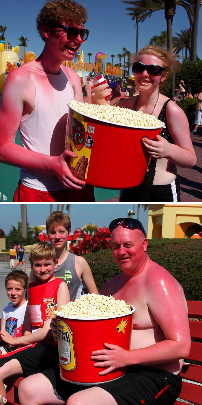 Britanniques brûlés par le soleil à Disney World, Floride, mangeant du pop-corn dans un grand seau.