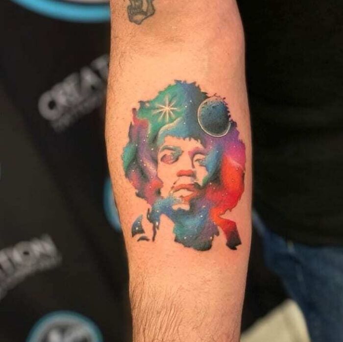 Tatouage aquarelle Jimi Hendrix Galaxy
