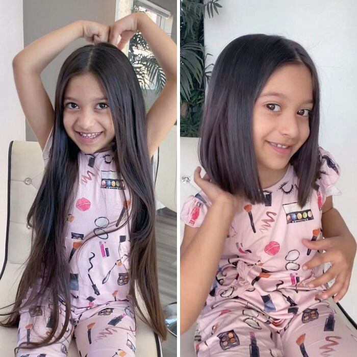 Voici Aliya, une petite fille de cinq ans. Elle voulait faire don de ses cheveux pour son anniversaire et a donné près de 30 cm. Merci beaucoup pour ton geste désintéressé, Aliya.