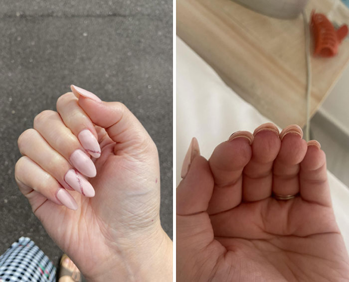 Moment de silence pour le pire jeu d’acrylique de ma vie. Une dame habituelle était malade et partait en vacances la veille. On aurait pu faire passer un bus par l’espace entre mes ongles et mes lèvres.