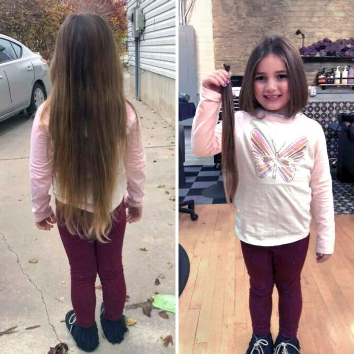 Voici la gentille petite fille de 6 ans, Katie Jo. Elle a fait don de 17 pouces de cheveux en l’honneur de sa tante.