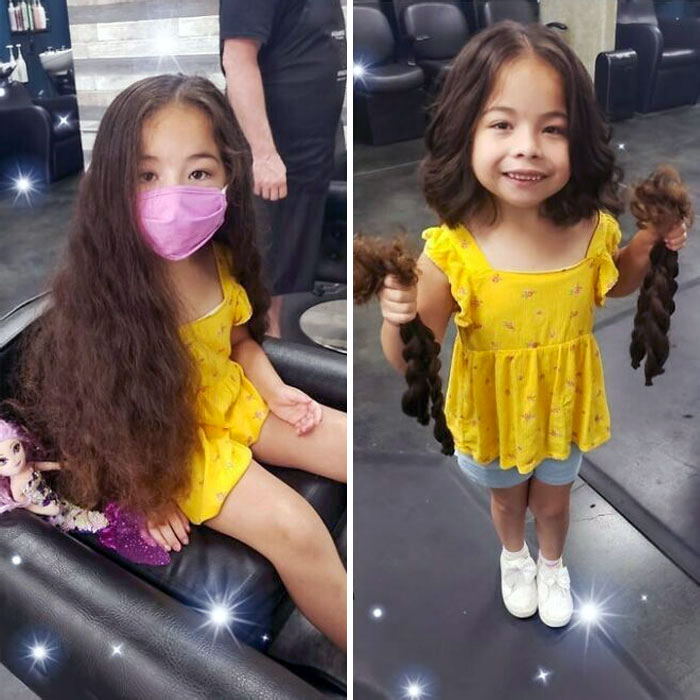 Voici Emily, 6 ans. Elle a fait don de ses cheveux à “Wigs For Kids” parce qu’elle voulait donner de beaux cheveux à quelqu’un d’autre et mettre un sourire sur son visage.