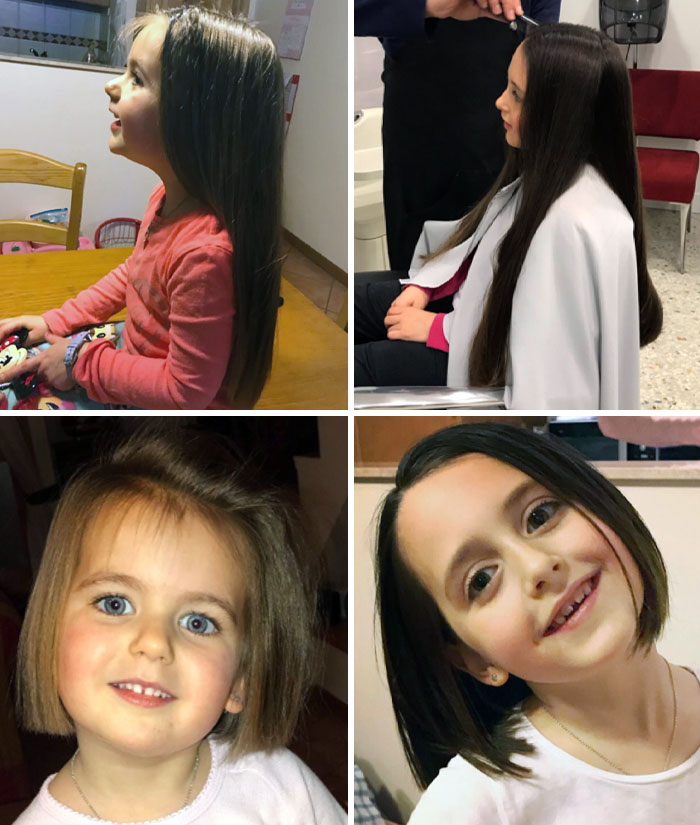 Mes filles viennent de faire don de leurs cheveux. 9″ de mon enfant de 3 ans pour “Pantene” et 14″ de mon enfant de 6 ans pour “Wigs For Kids”.