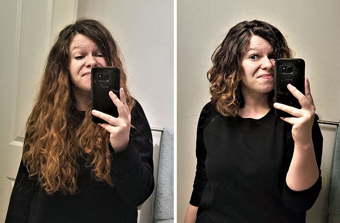 Avant et après avoir coupé mes cheveux pour en faire don